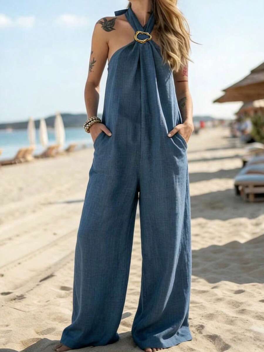 SHEIN PariChic Bộ jumpsuit nữ dáng rộng ống rộng, cổ yếm, chất liệu giả vải lanh, kiểu dáng nghỉ mát. - Màu xanh lam - Xem 1