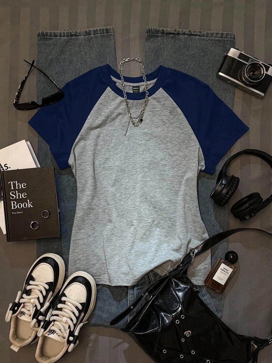 SHEIN Attitoon Áo thun nữ tay ngắn dáng ôm, cổ tròn, tay raglan, phối màu tương phản, phong cách retro thường ngày, thích hợp cho mùa hè. - Màu xanh lam - Xem 1