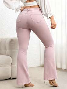 SHEIN Unity Plus Size High Waist Slim Fit Flare Leg Washed Dark Blue Jeans - Baby Pink - View 2