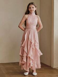 Anewsta Summer French Elegant Pink Iridescent Ruffle Trim Halter Neck Girls Dress - Pink - View 3