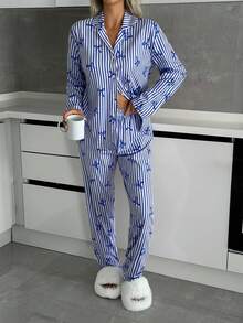 SHEIN PETITE PETITE SIZE Women 2 Pcs Button Front With Striped&Bot Pattern Homewear Cute Pajama Set - Multicolor - View 5