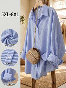 SHEIN CURVE+ Plus-Size Women's Spring/Summer Fashion Casual Loose Comfortable Everyday Basic Versatile Slimming Blue Button Long-Sleeved Shirt With Back Slit,Spring Outfits,Women Blouse,Simple Style,Work Tops,Striped Shirt - Blue - View 2