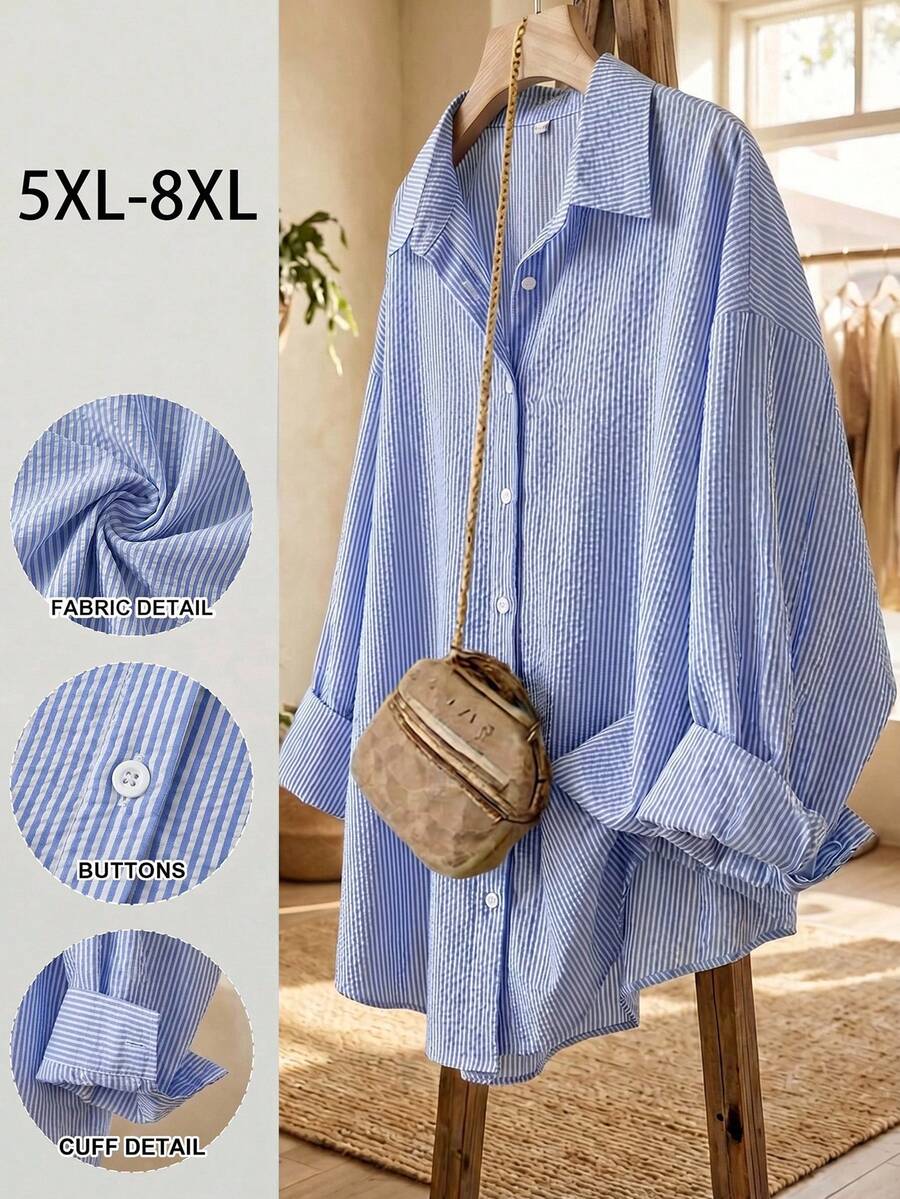 SHEIN CURVE+ Plus-Size Women's Spring/Summer Fashion Casual Loose Comfortable Everyday Basic Versatile Slimming Blue Button Long-Sleeved Shirt With Back Slit,Spring Outfits,Women Blouse,Simple Style,Work Tops,Striped Shirt