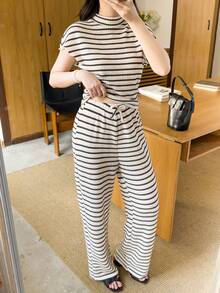 SHEIN Conjunto de camiseta y pantalones para niñas y adolescentes, camiseta de manga corta de punto jacquard con textura a rayas y cuello redondo, de corte holgado, combinada con pantalones casuales holgados, adecuado para diversas ocasiones como vuelta al colegio, estilo campus, versátil - Negro - Ver 4