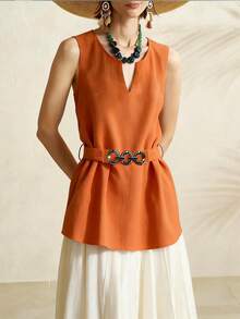 INAWLY Women's Casual Elegant Comfortable Solid Color V-Neck Sleeveless Top With Belt Golf Pastal Summer - Coral Orange - View 2
