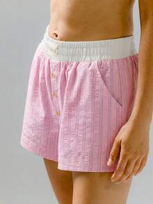Aralina Stripe Contrast Waist Button Casual Lounge Shorts - Baby Pink - View 4