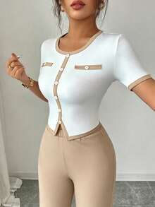 Elenzga Women's Fashion Casual Minimalist Contrast Color Square Neck Short Sleeve Top And Flared Leg Pants 2 Pieces Set - Multicolor - View 3
