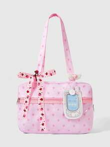 ROMWE Kawaii 1 Túi Tote Hồng Dễ Thương In Hình Dâu Tây - Túi Tote Phong Cách Thiên Niên Kỷ Y2K Dành Cho Bé Gái, Có Dây Thắt Lưng Gió, Hình Dấu Chân Thú Nhồi Bông và Nơ, Thích Hợp Đi Học và Sử Dụng Hàng Ngày - Màu Hồng baby - Xem 1