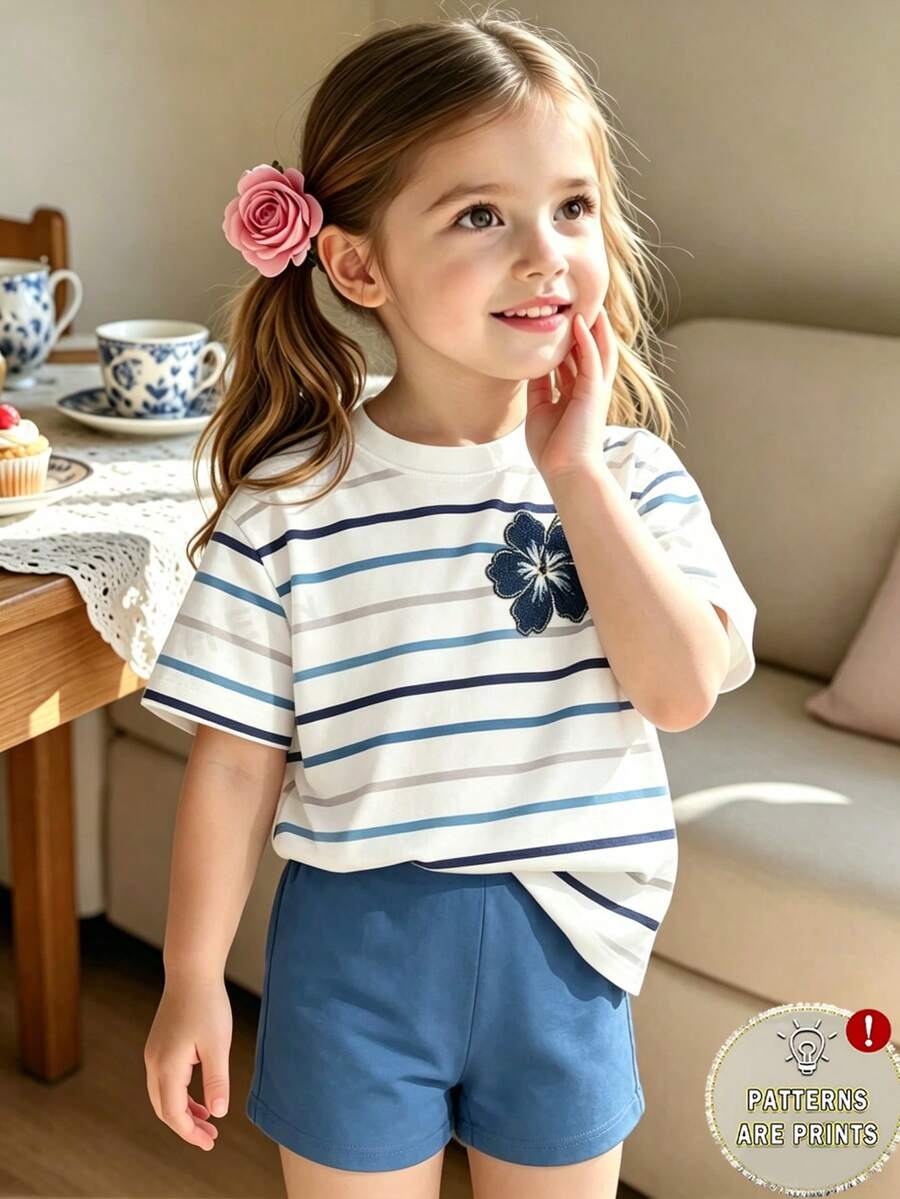 2pcs/Set Young Girls Striped & Floral Print Short Sleeve Casual Basic Round Neck T-Shirt And Shorts Outfit, Suitable For Spring/Summer - Multicolor - View 1