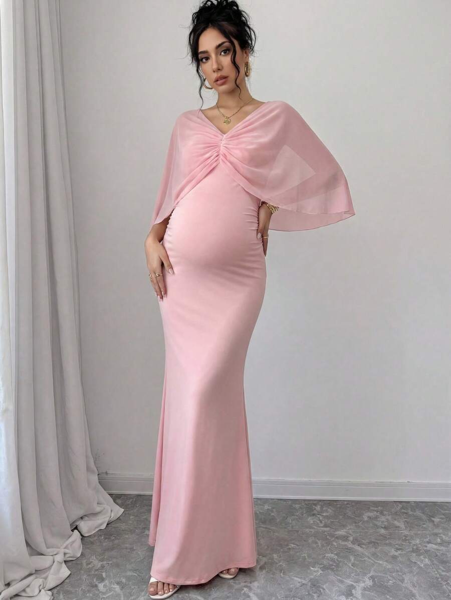 SHEIN 孕妇纯色V领褶皱优雅派对外出连衣裙