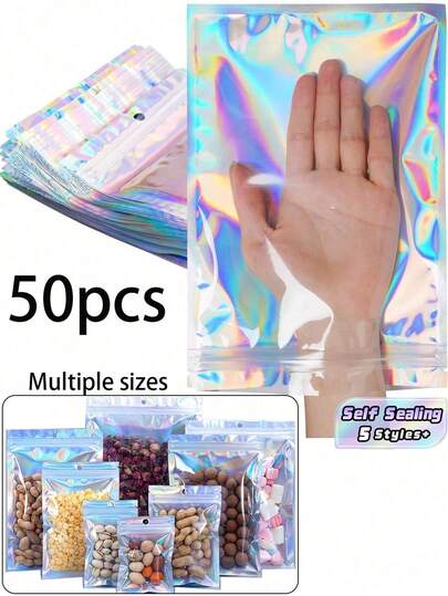 50 Túi OPP tự dán kín, trong suốt, có khóa kéo phía trước, màng phim laser, bền chắc, dùng đựng thực phẩm, kẹo, đồ ăn nhẹ, son môi, hạt cườm, trang sức, đồ thủ công, móng tay, lông mi giả, túi đựng đồ dự tiệc.