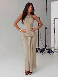 Avantive Women's Orange Summer Elegant Sexy Holiday Vacation Long Dress, Backless Halter Neck Knitted Texture Evening Dresses, 90s Y2k Vintage Party Night Out - Grey - View 7