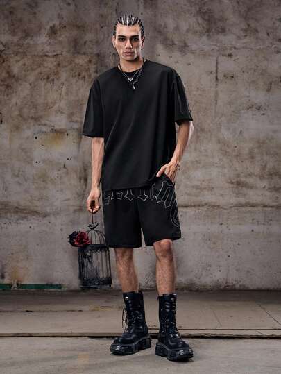 Skyrend Men's Round Neck Short Sleeve Casual T-Shirt Set, Summer Men's Two Pieces Hip Hop Shorts Set Men's Casual Graphic Letter Print Short Sleeve T Shirt And Shorts Set
