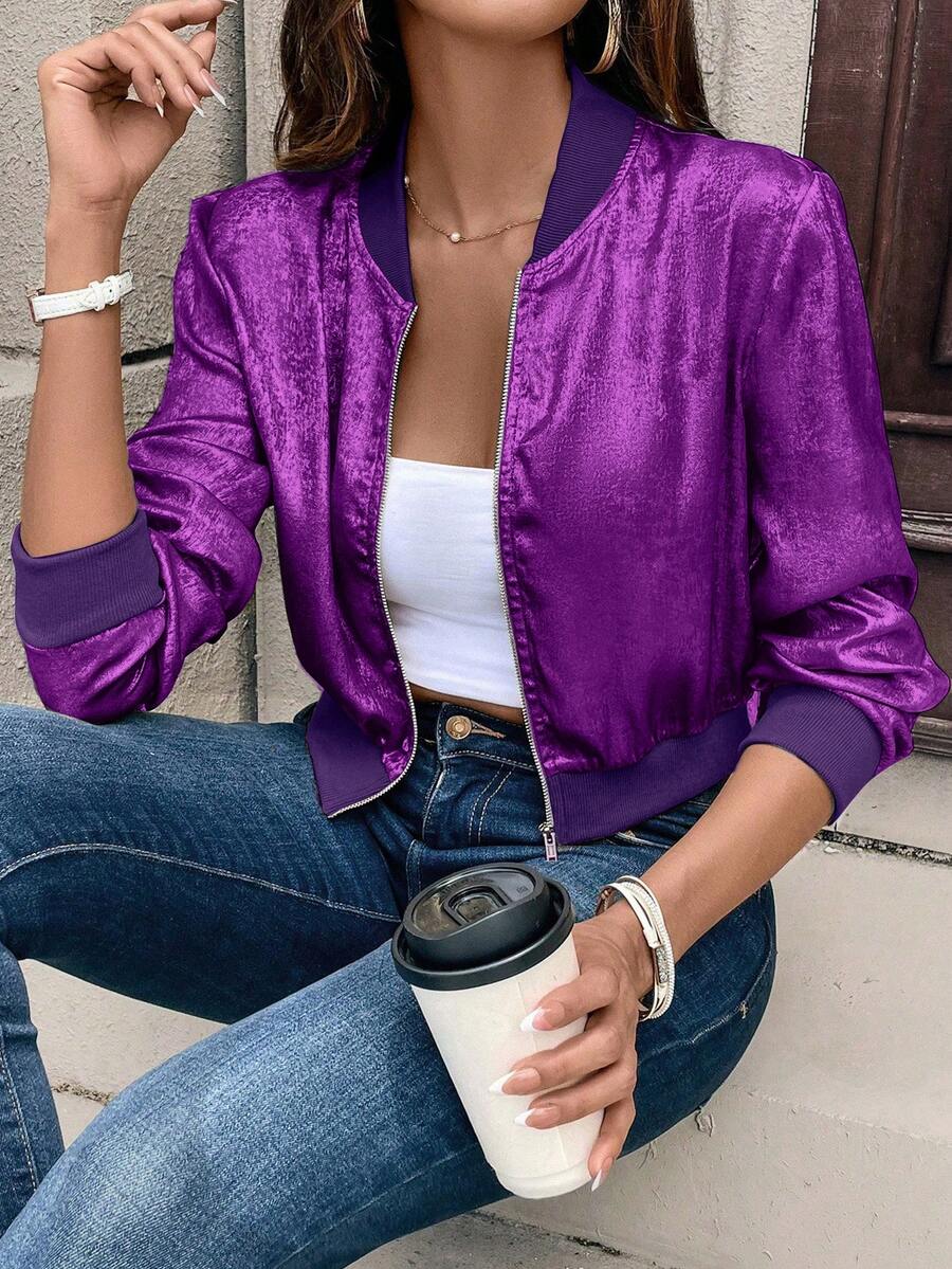 EMERY ROSE Autumn Metallic Dark Purple Zipper Ribbed Cuffs Baseball Jacket,Slim Fit Elegant Casual Short Cardigan Top New Year Holiday Party Everyday Clothes - Purple - View 1
