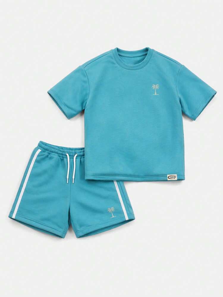 Oversized Tween Boys Summer Palm Beach Graphic T-Shirt And Shorts Set With Crew Neck Short Sleeves Elastic Waist Casual Two Piece Co-Ord