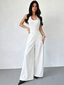 Firerie Women's Minimalist Casual Fashion Back To School High Waist Textured Wide Leg Pants - White - View 7