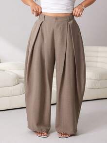 Solflare Autumn New Casual Elegant Versatile Zipper Waist Elastic Waist Baggy Long Pants, Khaki, Plus Size Formal Office Bussines Formal Fall Teachers' Day - Mocha Brown - View 7