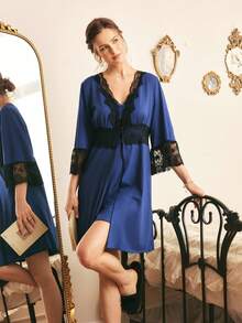 Côtesoire Women's Contrast Lace Robe And Camisole Dress Sleepwear Set - Blue - View 6