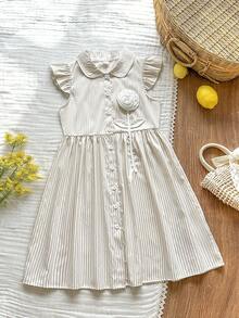 Vintaside Kids 女童夏季小短袖翻领简约休闲时尚竖条纹连衣裙，适合户外度假、露营、休闲穿着 - 黃色 - 查看 5