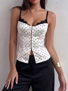 SHEIN PariChic Áo corset ren chấm bi gợi cảm dành cho nữ, thiết kế cài móc phía trước, áo hai dây ôm sát giúp thon gọn vóc dáng, thích hợp cho các buổi đi chơi, hẹn hò, mặc hàng ngày, lễ hội âm nhạc, đám cưới, tiệc sinh nhật, màu trắng. - Đen và trắng - Xem 6