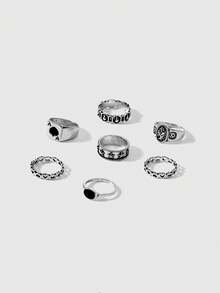 ROMWE Goth Bộ nhẫn hình học phong cách retro cá tính, lấy cảm hứng từ bài poker và tình yêu, gồm bảy chiếc. - Màu Bạc Cổ - Xem 2