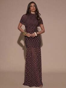 SHEIN BAE White Base Black Polka Dot Print Round Neck Short Sleeve Bodycon Ruffle Hem Elegant Dress, Elegant Dress, Polka Dot Dress - Coffee Brown - View 3