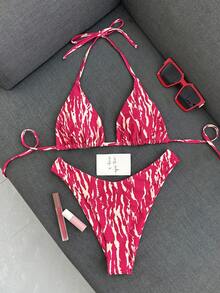 Swim Vcay Bộ bikini hai mảnh dành cho nữ, kiểu dáng nhiệt đới, dễ thương, bất đối xứng, họa tiết sọc, cổ yếm, quần tam giác, gợi cảm, dễ thương, thích hợp đi biển, nghỉ mát, thường ngày, thanh lịch, dự tiệc ngày Valentine. - Nhiều màu - Xem 1