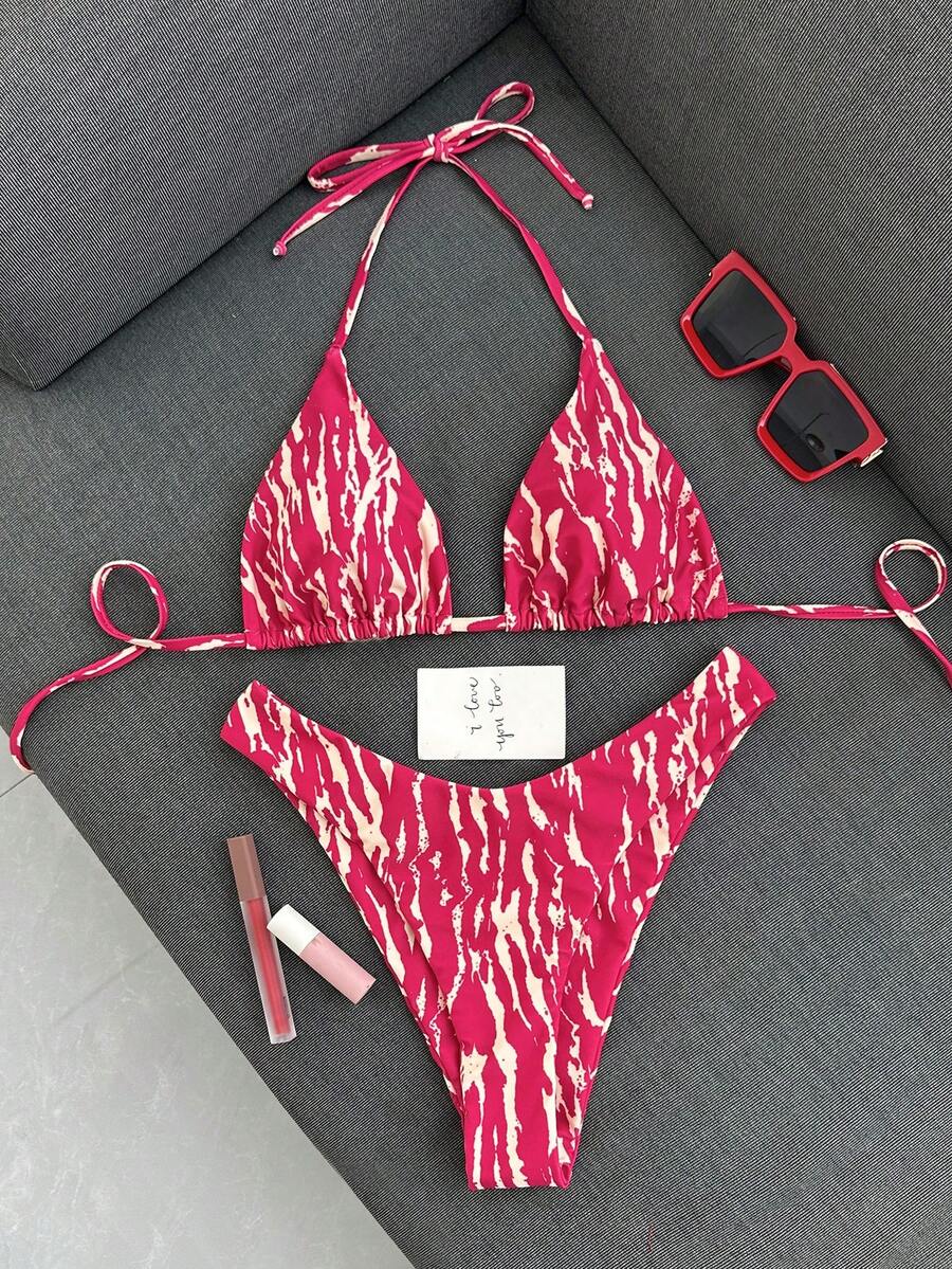 Swim Vcay Bộ bikini hai mảnh dành cho nữ, kiểu dáng nhiệt đới, dễ thương, bất đối xứng, họa tiết sọc, cổ yếm, quần tam giác, gợi cảm, dễ thương, thích hợp đi biển, nghỉ mát, thường ngày, thanh lịch, dự tiệc ngày Valentine. - Nhiều màu - Xem 1