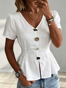 SHEIN Women's Elegant White V-Neck Short-Sleeved Top With Decorative Buttons And Ruffled Waist, Summer Casual Blouse For Work Office, Beach And Graduation - White - View 1
