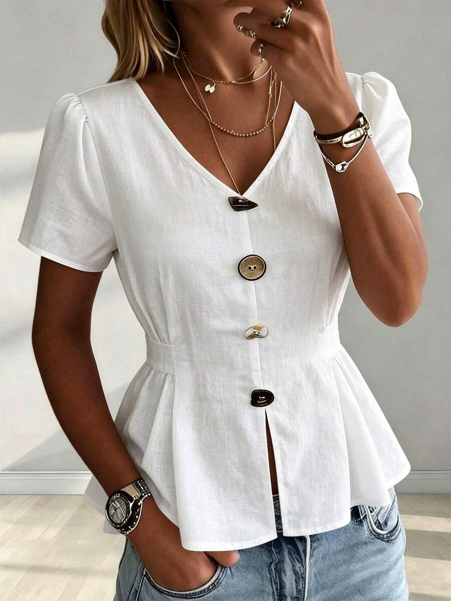 SHEIN Women's Elegant White V-Neck Short-Sleeved Top With Decorative Buttons And Ruffled Waist, Summer Casual Blouse For Work Office, Beach And Graduation - White - View 1