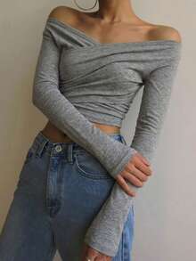 DAZY Women's Solid Color Off-Shoulder Wrap Ruched Casual Long Sleeve T-Shirt - Grey - View 4