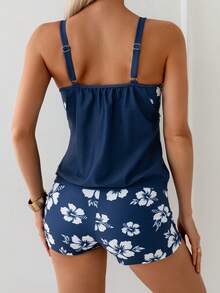 Swim Lushoire 两件套女士夏季度假印花宽松吊带泳衣套装 - 藏蓝色 - 查看 2