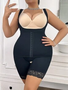 SHEIN Plus Size Women's Solid Color Minimalist Lace Patchwork Jumpsuit - Black - View 4