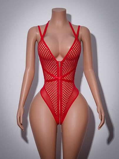 AltCore Red Y2K Mesh & PU Patchwork Sheer Deep V Zipper Crotch Sexy Jumpsuit, Suitable For Party, Music Festival, Club, Dancer