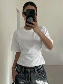 DAZY 女款純色百褶休閒百搭日常穿搭T恤 Y2K 夏季校園風 - 白色 - 查看 3