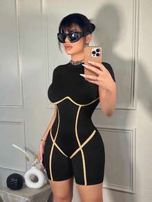 SHEIN SXY Áo liền quần nữ dáng ôm, phối màu tương phản, thích hợp mặc hàng ngày. - màu đen - Xem 3