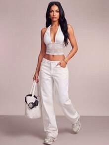 Nooralise Women's Fashion Lace V-Neck Sexy Bodycon Waist Crop Top, Casual Wear For Spring/Summer, Suitable For Daily, Vacation And Outings Golf White - White - View 5