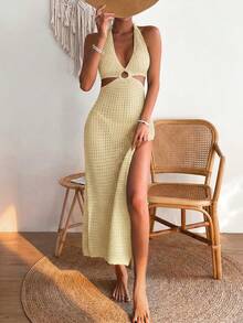 Breezaya Đầm dệt kim cổ yếm xẻ cao, hở lưng, buộc dây phía trước, gợi cảm dành cho nữ, thích hợp cho đi biển và nghỉ mát. - Màu vàng - Xem 1