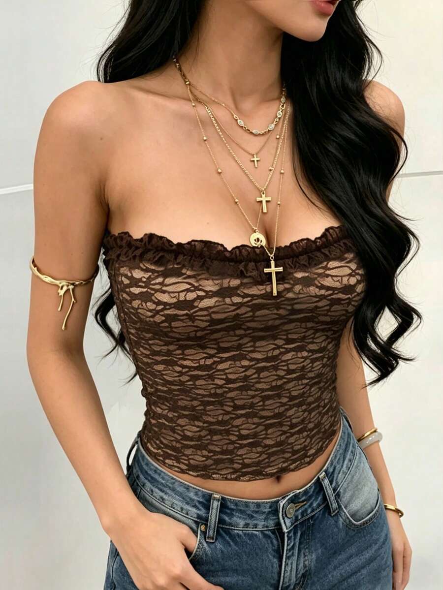 Rina Fox Top corto de tubo de encaje sexy para mujer, casual y de moda para vacaciones de verano - Marrón - Ver 1