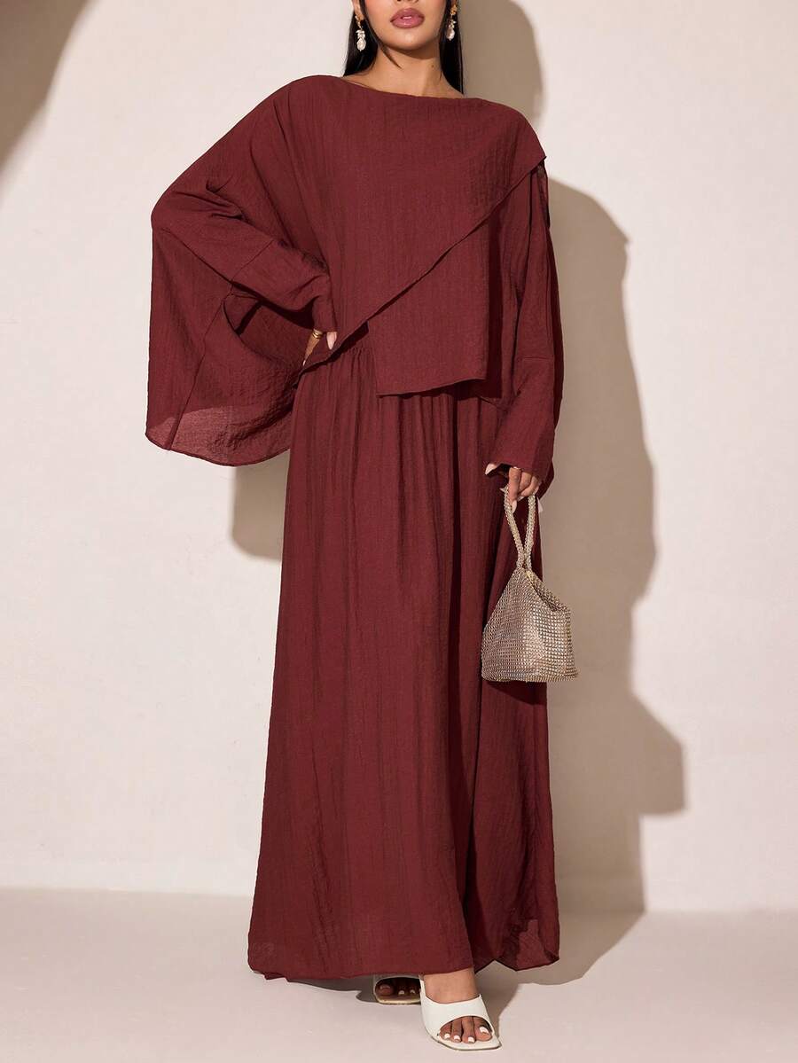 Veilorie Women's Solid Color Minimalist Design Loose Long Sleeve Arabic Style Outfit Set