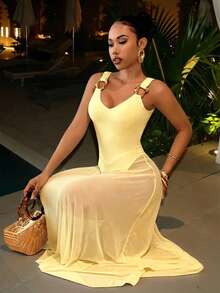 Slaydiva New Summer Arrivals: Elegant, Romantic, Sexy, Perfect For Party, Wedding Season, Beachwear, Yacht Outings. Deep V-Neck, Metallic Decorated Halter, Mesh Semi-Sheer Skirt, A-Line Puff Skirt, Princess Dress, Women's Long Dress - A,Summer Dresses For Women - Yellow - View 5