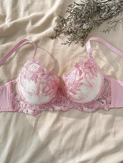 CottageSlumber Sujetador romántico de estilo campestre con bordado floral rosa, con aros, relleno y copas 3/4, cómodo y con efecto push-up para damas