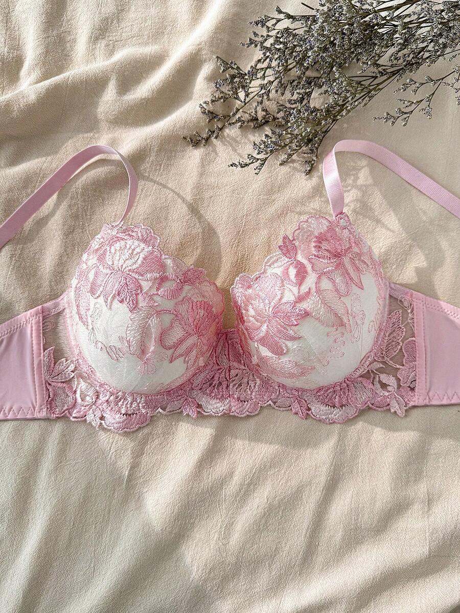 CottageSlumber Pink Floral Embroidery 3/4 Cup Padded Push Up Underwire Comfortable Romantic Countryside Style Ladies Bra - Pink - View 1