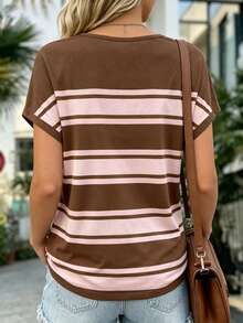 EMERY ROSE Women's Retro Brown & Pink Striped V-Neck Drop Shoulder Short Sleeve Loose Casual Top, Flattering - Multicolor - View 2