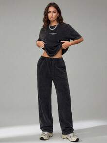 SHEIN Tall Trang phục nữ phương Tây, áo thun và quần tây kiểu dáng thường ngày, hoàn hảo cho các lễ hội âm nhạc. - Xám - Xem 4
