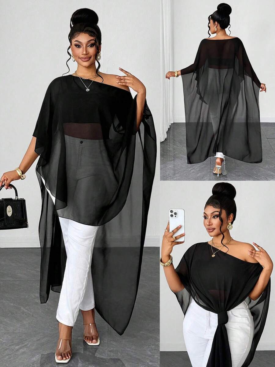 Maweii Camicetta elegante in chiffon nero trasparente da donna taglie forti, con spalle scoperte e maniche asimmetriche, indossabile in più modi con parte anteriore corta e posteriore lunga, camicia in chiffon nero, outfit casual estivo taglie forti, adatta per spiaggia, festival musicali, appuntamenti serali, nuova camicia lunga taglie forti - nero - Visualizzare 1