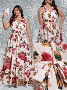 Viva Relle Plus Size Women Elegant Romantic Ditsy Floral V-Neck Long Dress - Multicolor - View 3