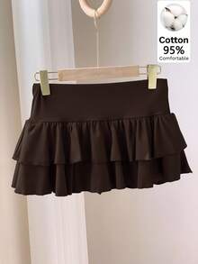 Comfortcana Women's Casual Everyday Commute Solid Color Layered Ruffle Hem Skirt, Summer - Brown - View 6