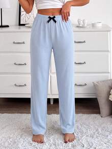Women Cotton Rib Knit 2 Pcs Bow &Ribbon Detail Homewear Long Longe Comfort Long Bottoms Sets - Multicolor - View 3