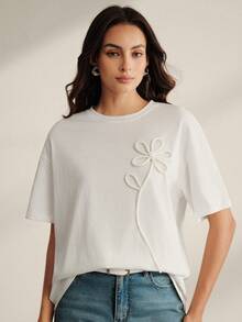 Anewsta Women's Fitted Short Sleeve Round Neck T-Shirt With 3D Floral Design, Spring/Summer Golf White Basic - White - View 6